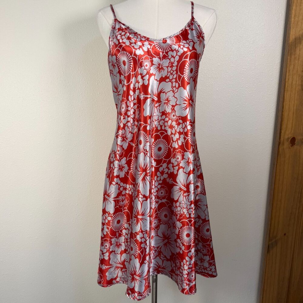 Y2K Hawaiian Floral Satin Slip Dress Red White Tropical Spaghetti Strap M